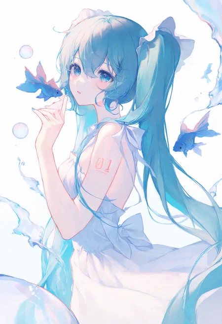 <lora:match2_noob1.1-000190:1>,
1girl, hatsune miku, solo, long hair, fish, dress, twintails, blue eyes, blue hair, white dress, goldfish, bubble, looking at viewer, bare shoulders, white background, tattoo, hair between eyes, blue nails, from side, hand up, water, parted lips, very long hair, number tattoo, bow, simple background,
masterpiece,best quality,newest,absurdres,highres,very awa,