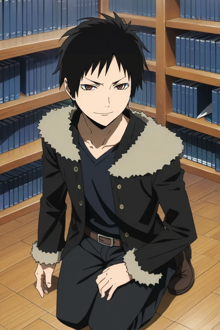 score_9, score_8_up, score_7_up, source_anime, rating_safe, , anime screencap, anime coloring, official style, , , 1boy, solo, male focus, <lora:izaya_orihara_pony:0.96>, izaya_orihara, black hair, brown eyes, from above, full body, library, books, indoors, dark, kneeling, smirk, viking costume, <lora:sdxl_lightning_8step_lora:1>