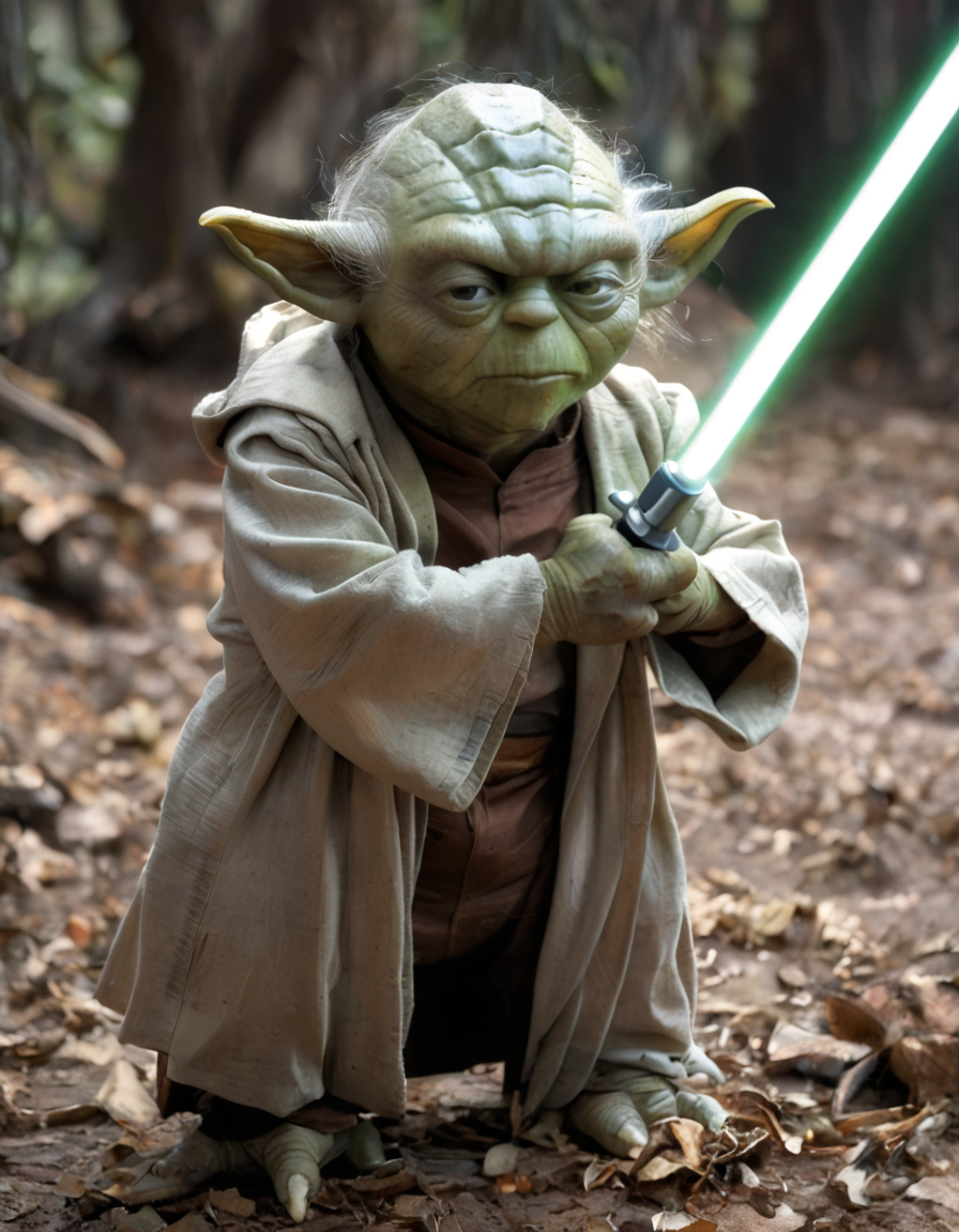 <lora:yoda_pony:1>,yoda,wielding a green lightsaber,