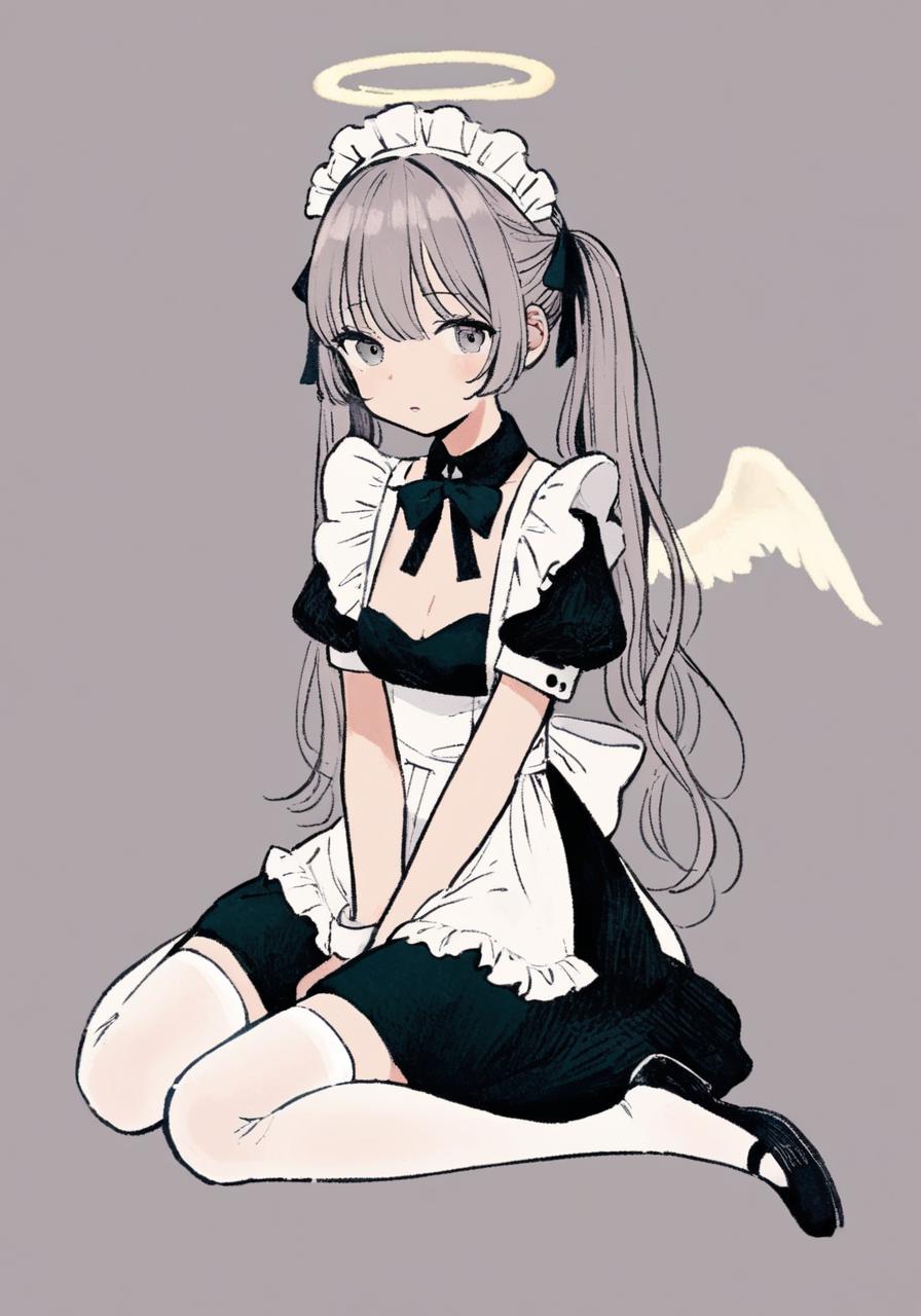 masterpiece, best quality, <lora:style41-xl-a3.1:1>,1girl, solo, thighhighs, wings, black footwear, long hair, apron, twintails, white thighhighs, sitting, short sleeves, wariza, maid, maid headdress, halo, breasts, dress, looking at viewer, ribbon, angel wings, white background, shoes, black dress, simple background, puffy sleeves, wrist cuffs, feathered wings, hair ribbon, very long hair, cleavage, grey hair, black ribbon, white wings, bow, bowtie, frills, white apron, puffy short sleeves, bangs, maid apron, small breasts, hair between eyes, between legs, full body, blush, blue eyes, closed mouth, hand between legs, angel, frilled apron, waist apron, zettai ryouiki, detached collar, grey eyes, neck ribbon, parted lips, medium breasts, thighs, sidelocks, black bowtie, hair intakes