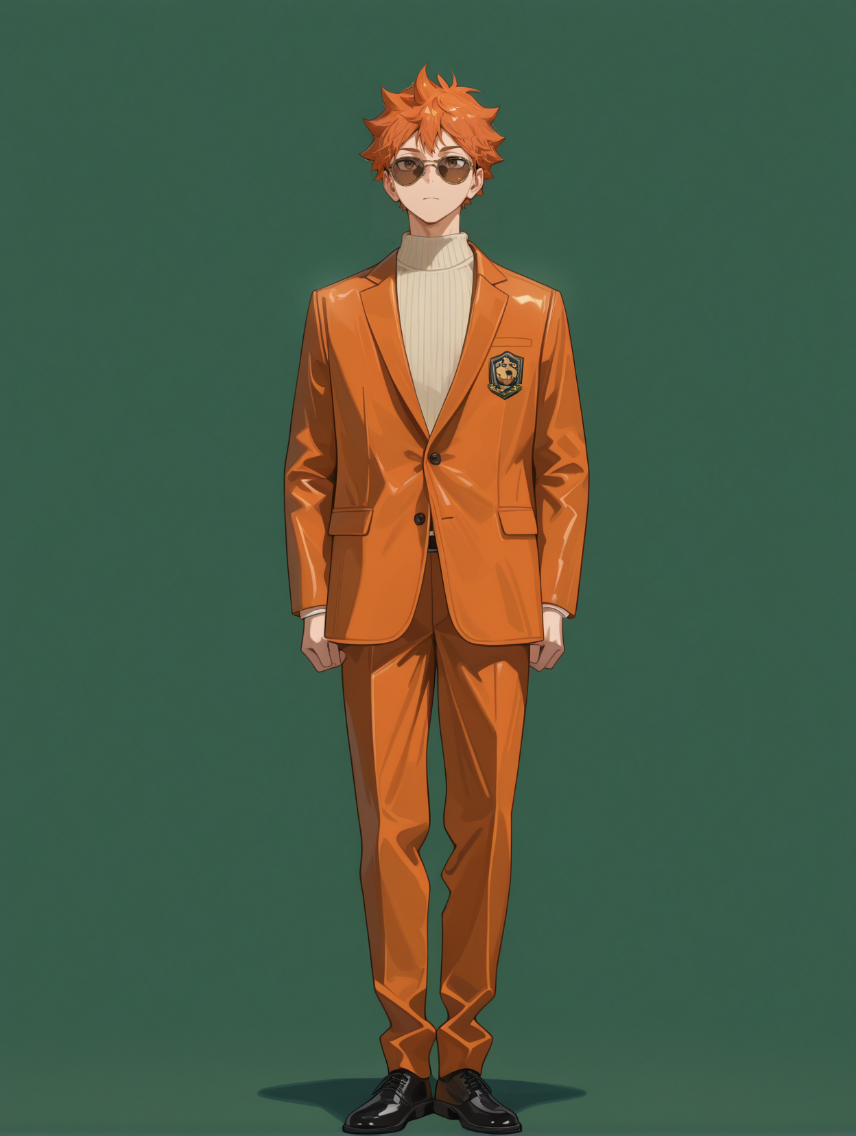 perfect quality,high quality,masterpiece,best quality,amazing quality,very aesthetic,absurdres,newest,
front view,full_shot,
HinataShoyoCYQL,1boy,male focus,solo,short hair,orange hair,brown eyes,Tailored suit jacket, Crewneck sweater, Tapered trousers, Monk strap shoes, Leather portfolio, Classic aviator sunglasses,
full body,standing,
darkgreen background,simple background,
usnr,748cmstyle,<lora:USNR STYLE_XL_loha:0.45>,<lora:spo_sdxl_10ep_4k-data_lora_webui:0.6>,<lora:illustrious_all_rated_v1:0.6>,<lora:748cmSDXL:0.6>,<lora:illustrious_quality_modifiers_masterpieces_v1:0.8>,<lora:lora-000007.by_tusi:1>,