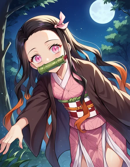 score_9, score_8_up, score_7_up, source_anime,
nezukokamado, <lora:nezuko-kamado-ponyxl-lora-nochekaiser:1>,
nezuko kamado, bamboo, bit gag, black hair, forehead, gag, gagged, hair ribbon, long hair, multicolored hair, pink eyes, orange hair, slit pupils, wavy hair, two-tone hair,
asa no ha \(pattern\), checkered sash, haori, japanese clothes, kimono, long sleeves, obi, pink kimono, sash, wariza, wide sleeves,
outdoors, forest, nature, night, moon, bent over,
looking at viewer, dutch angle, cowboy shot,
