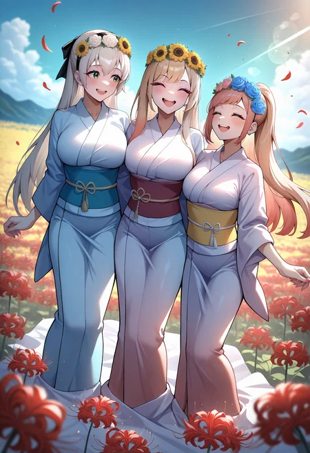 masterpiece, best quality, newest, absurdres, highres, 3girls, multiple girls, looking at another, felicia \(fire emblem\), kitagawa marin, kimono, elie macdowell, extremely exquisite female facial description,eye reflection,colorful,detailed light,light leaks,sunlight,shine,ray tracing,lens flare,cinematic lighting,sunflower,spider lily,blue flower, flower field, dutch angle, petals, head wreath, lily \(flower\), detailed background, happy, full body, group hug,