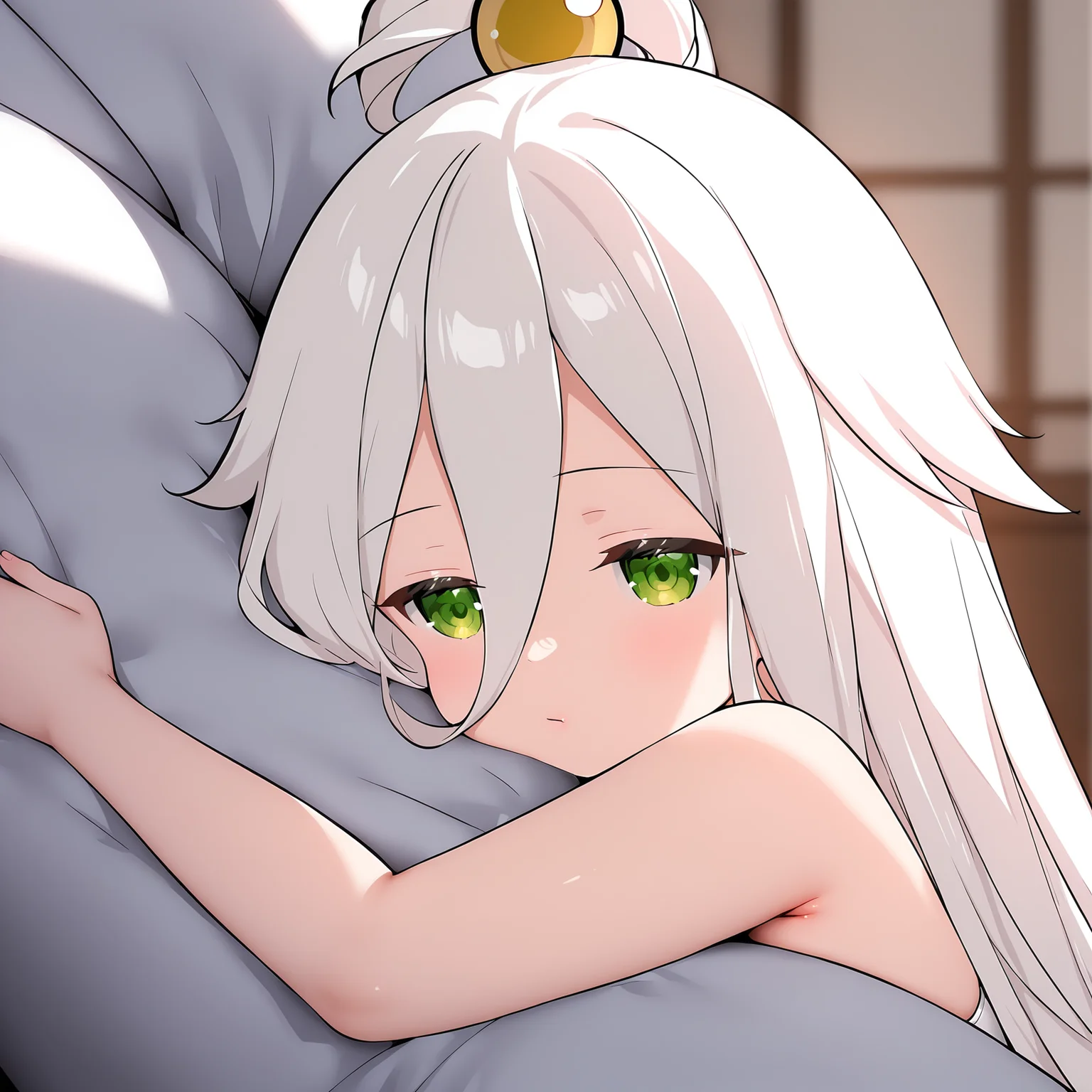 masterpiece,best quality,newest,absurdres,highres,<lora:noobai_ep11_stabilizer_v0.138_fp16:1>,<lora:Murong_Yuzhuo :1>,murong_yuzhuo,green eyes,white hair,cuddling,