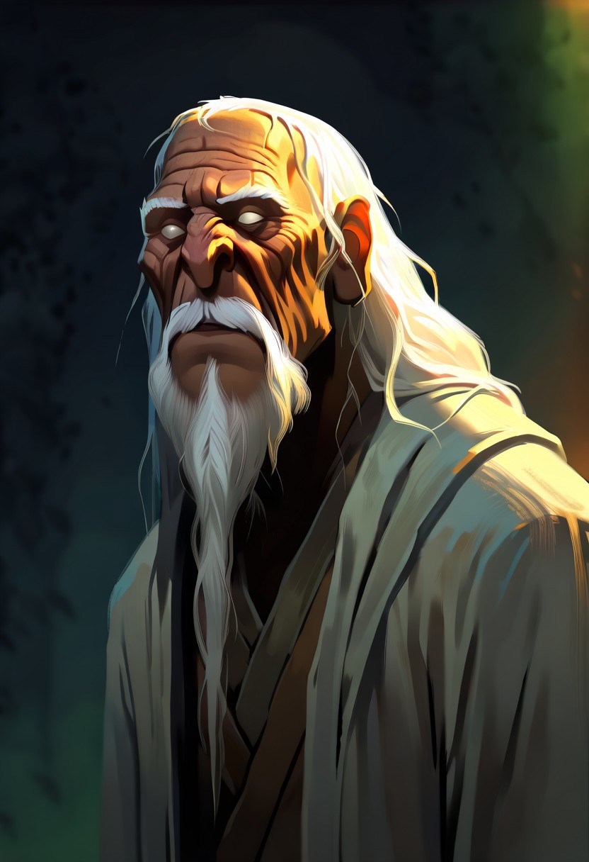 masterpiece, best quality, newest, absurdres, highres, Warbringersstyle-V1.0, male focus, 1boy, dark skin, dark skinned male, white hair, long beard, long hair, monk, white robe, white eyes, blind eyes, wrinkles, wrinkled face, wrinkled, wrikly, old, mature, old man