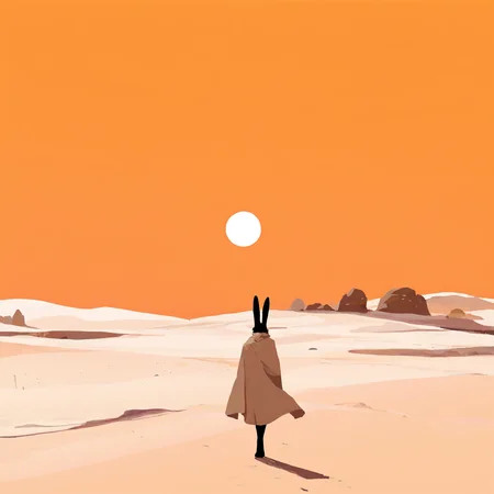 n4tdat_nai, aliasing, 1boy, solo, furry, rabbit ears, tan cloak, walking,
orange sky, sand dunes, desert, wind, bare feet,
wide shot, volumetric lighting, no lineart,
masterpiece, best quality, very aesthetic, high quality, newest, very awa, crisp,