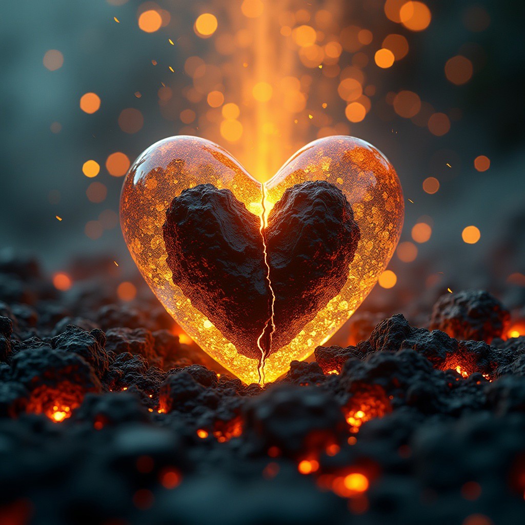 Close-up shot of a shattered glass heart, bisected along its central axis, revealing a dark, ominous core. Soft, golden light pours down from above, bathing the scene in a warm, ethereal glow. The surrounding environment is a blurred haze of black lava and flames and ash, adding depth and mystery to the composition. The level of detail is meticulous, with each shard of glass and every texture rendered in high definition.