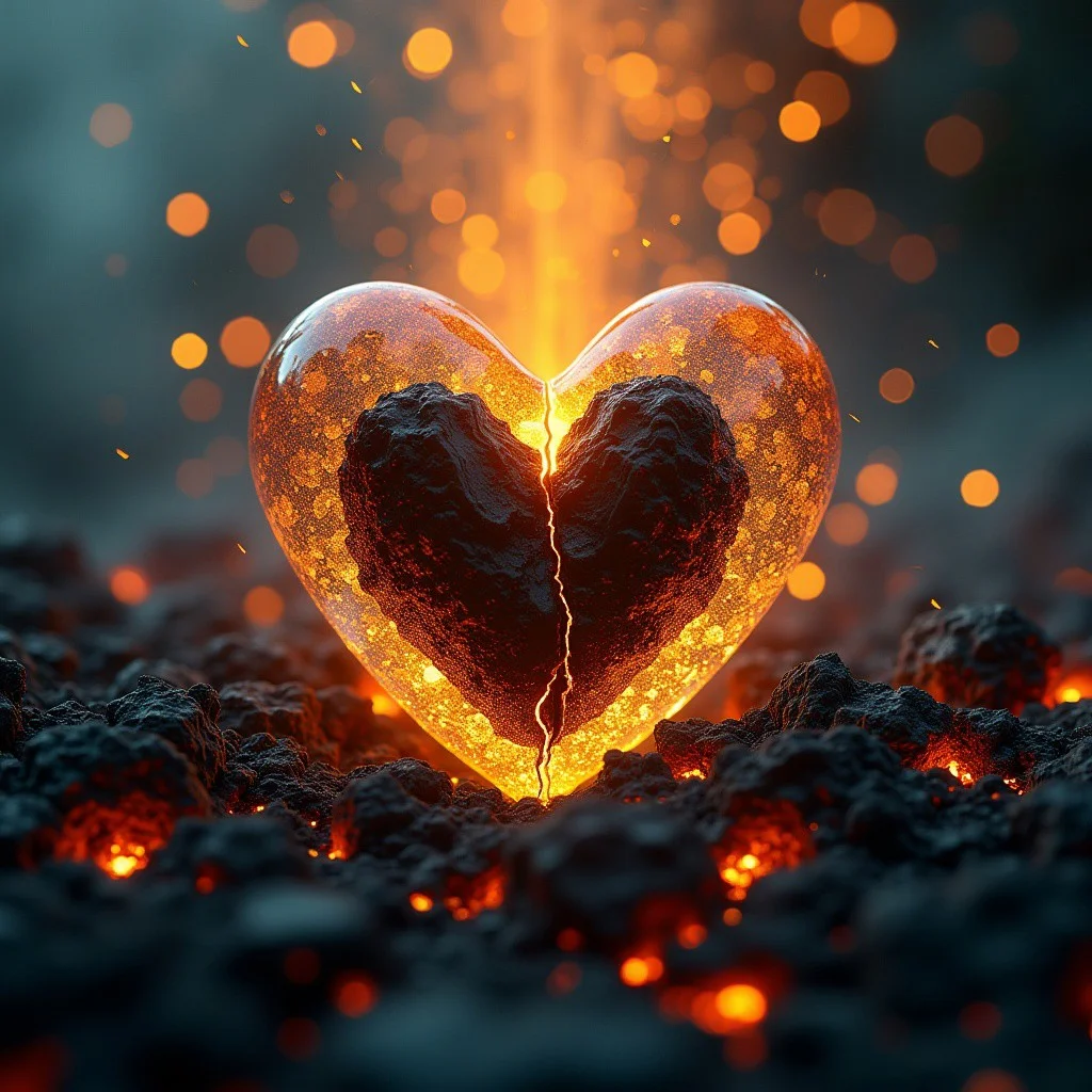 Close-up shot of a shattered glass heart, bisected along its central axis, revealing a dark, ominous core. Soft, golden light pours down from above, bathing the scene in a warm, ethereal glow. The surrounding environment is a blurred haze of black lava and flames and ash, adding depth and mystery to the composition. The level of detail is meticulous, with each shard of glass and every texture rendered in high definition.