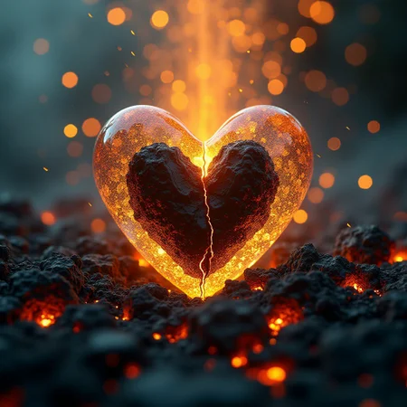 Close-up shot of a shattered glass heart, bisected along its central axis, revealing a dark, ominous core. Soft, golden light pours down from above, bathing the scene in a warm, ethereal glow. The surrounding environment is a blurred haze of black lava and flames and ash, adding depth and mystery to the composition. The level of detail is meticulous, with each shard of glass and every texture rendered in high definition.
