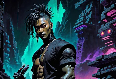 Hiro Protagonist , Sci-fi painting, masterpiece by frank frazetta, dark vaporwave color palette, background of tv static and Mayan ruins, artful painting of a gorgeous queer cyberpunk boy, masculine, Black and Asian facial features with a confident smirk, very short dreads sticking up, sleek black fitted t-shirt, black techwear jacket, black techwear pants, big transparent goggles, with a futuristic computer terminal made of smooth black glass hanging from a shoulder strap