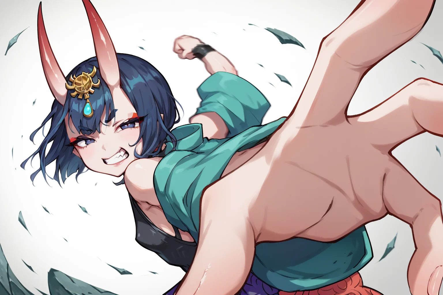 zPDXL, <lora:Concept_Pepe_punch_meme:1>, 1girl, P3P3_PUNCH, fist, shuten douji