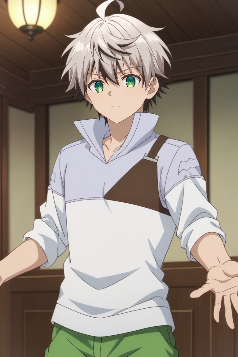 score_9, score_8_up, score_7_up, source_anime, rating_safe, intricate details, anime screencap, anime coloring, official style, looking at viewer, depth of field, 1boy, solo, male focus, <lora:rein_shroud_pony:0.94>, rein_shroud, grey hair, green eyes, short hair, multicolored hair, two-tone hair, black hair, bangs, hair between eyes, ahoge, wide angle, wide shot, cowboy shot, niagara falls, indoors, light, outstretched arms, :o, dress shorts,, <lora:sdxl_lightning_8step_lora:1>