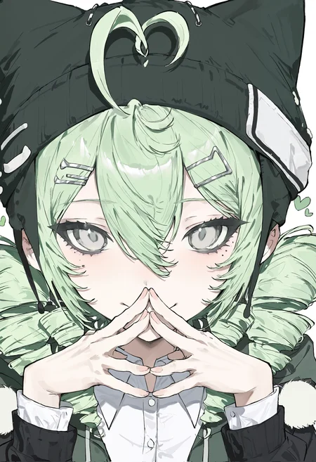 masterpiece, highres, absurdres, newest, very awa, portrait, face focus, 1girl, solo, green hair, grey eyes, mole under eye, twin drills, drill hair, hair between eyes, heart antenna hair, hat, cat ear beanie, pom pom beanie, hairclip, black jacket, white dress shirt, open jacket, steepled fingers, looking at viewer, covered mouth, hand over own mouth, closed mouth, :>, <lora:AIK300068733>, <lora:noobai_ep11_stabilizer_v0.30_fp16:0.7>,