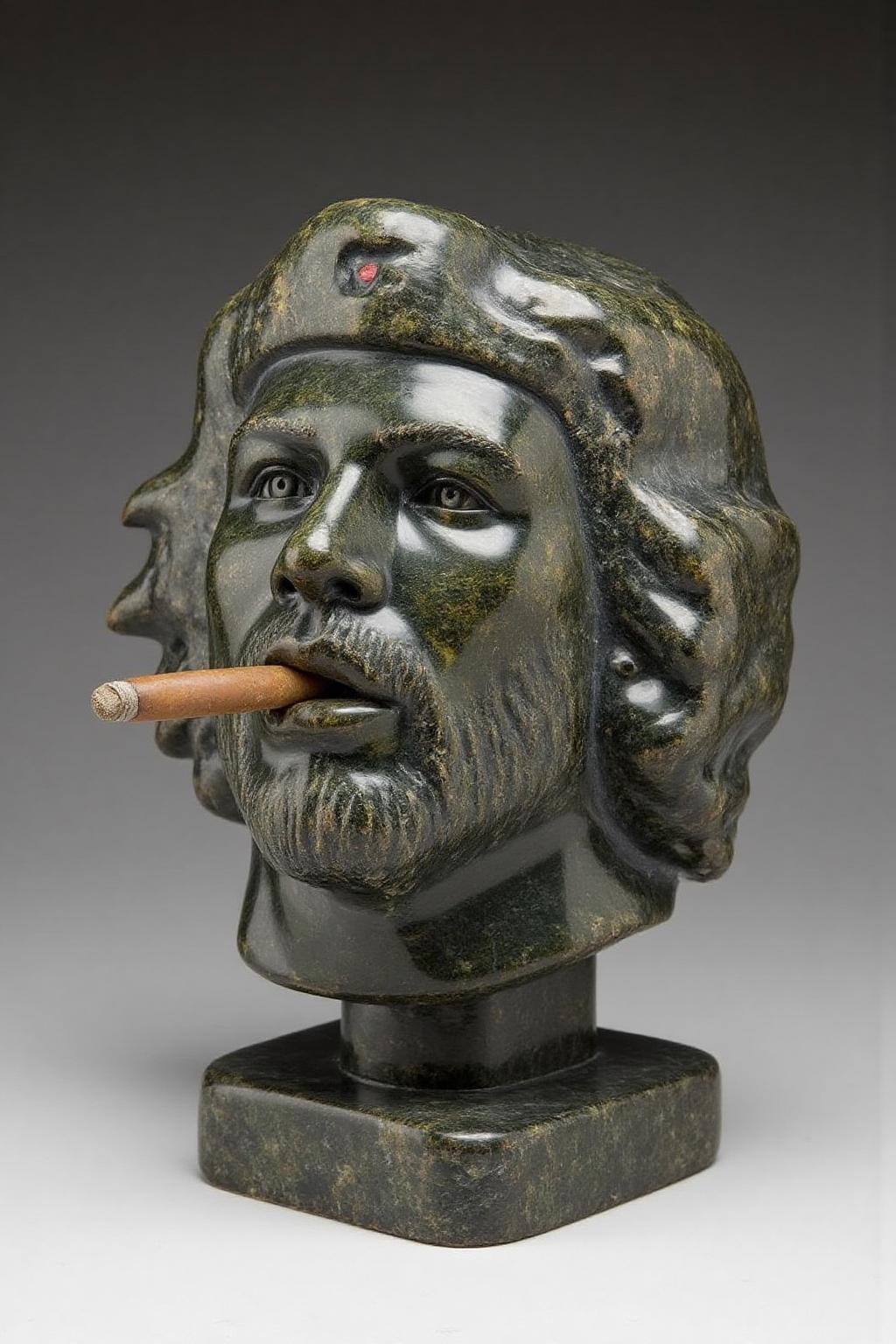 sculpture of Che Guevara smoking a Cuban cigar. <lora:inuit_cap_d6a3e12:1.0><lora:821728794214889577:0>