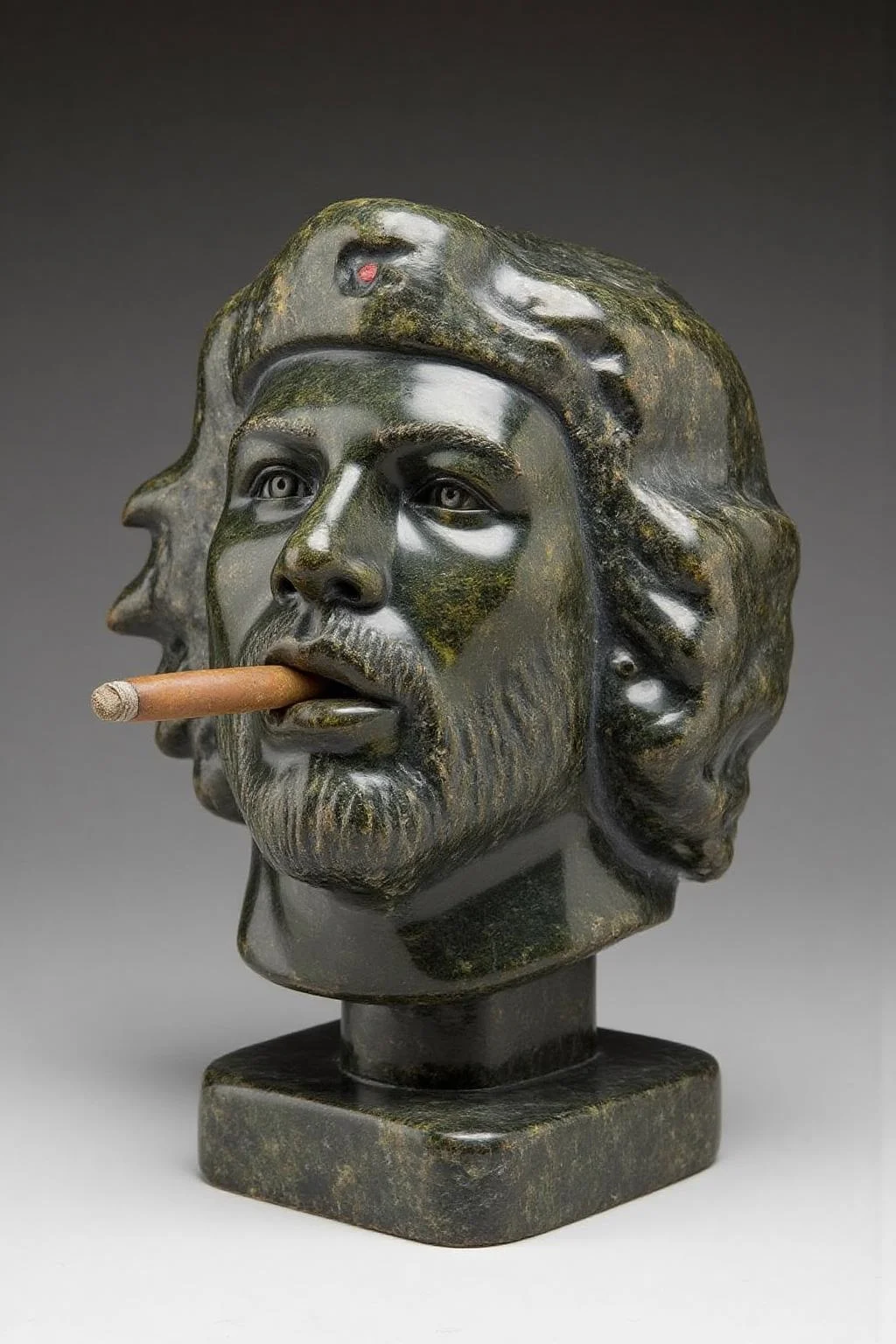 sculpture of Che Guevara smoking a Cuban cigar. <lora:inuit_cap_d6a3e12:1.0><lora:821728794214889577:0>
