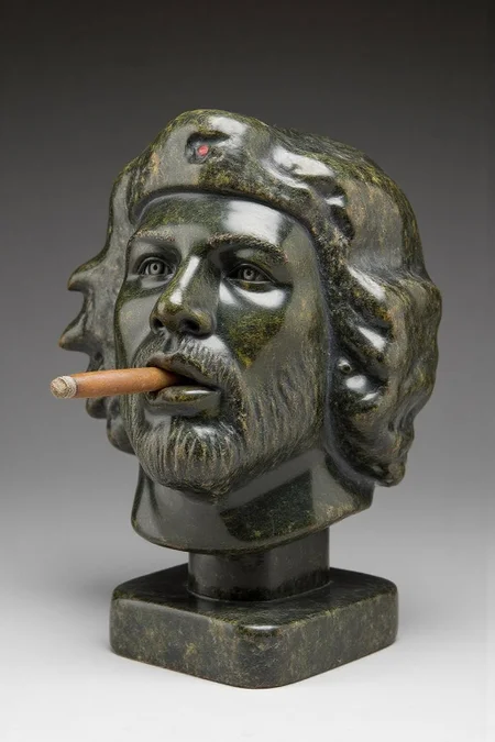 sculpture of Che Guevara smoking a Cuban cigar. <lora:inuit_cap_d6a3e12:1.0><lora:821728794214889577:0>