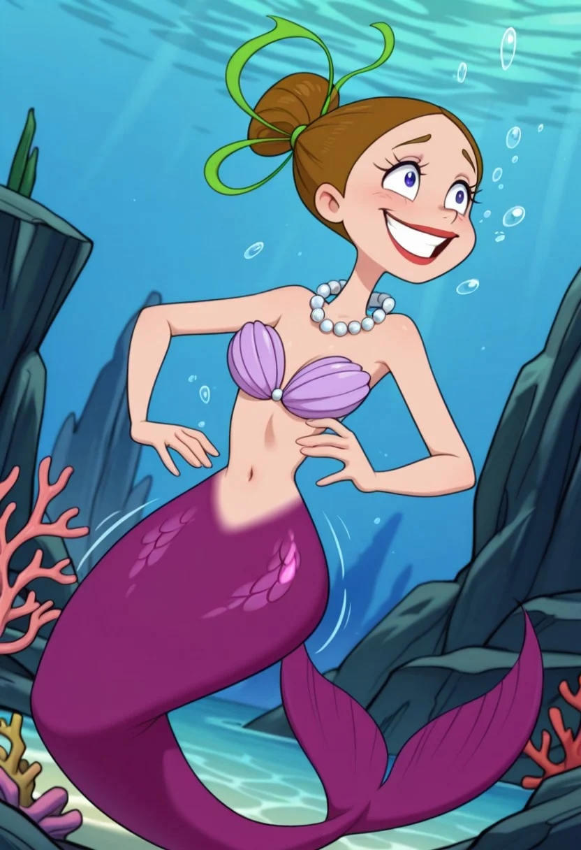 detailed background, solo, 1girl, FtpdMermaid, mermaid, red lipstick, brown hair in a bun, green hair tie, pearl necklace, purple shell bra, purple mermaid tail, smiling, (((expressive))), head movement, tail shown, solo, ((body movement, hand movement)), underwater, sea life, coral, detailed sea scenery, bubbles, detailed scenery, masterpiece, best quality, amazing quality, absurdres, newest, high res, ultra detailed, best quality, best artwork, detailed eyes, (eyes focus), perfect eyes, big iris, pupils visible, 4k, ultra quality, perfect face