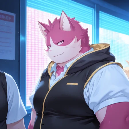 deep contrast, luminous lighting, cinematic ambiance, best quality, colorful, masterpiece, detailed_background, BREAK, <lora:t-bungo-v1A-15:1> t-bungo, cat_boy, 1boy, black vest, puffy_short_sleeves, (white shirt under clothes), hooded_vest, hood_down, solo focus, smirk, three quarter profile,