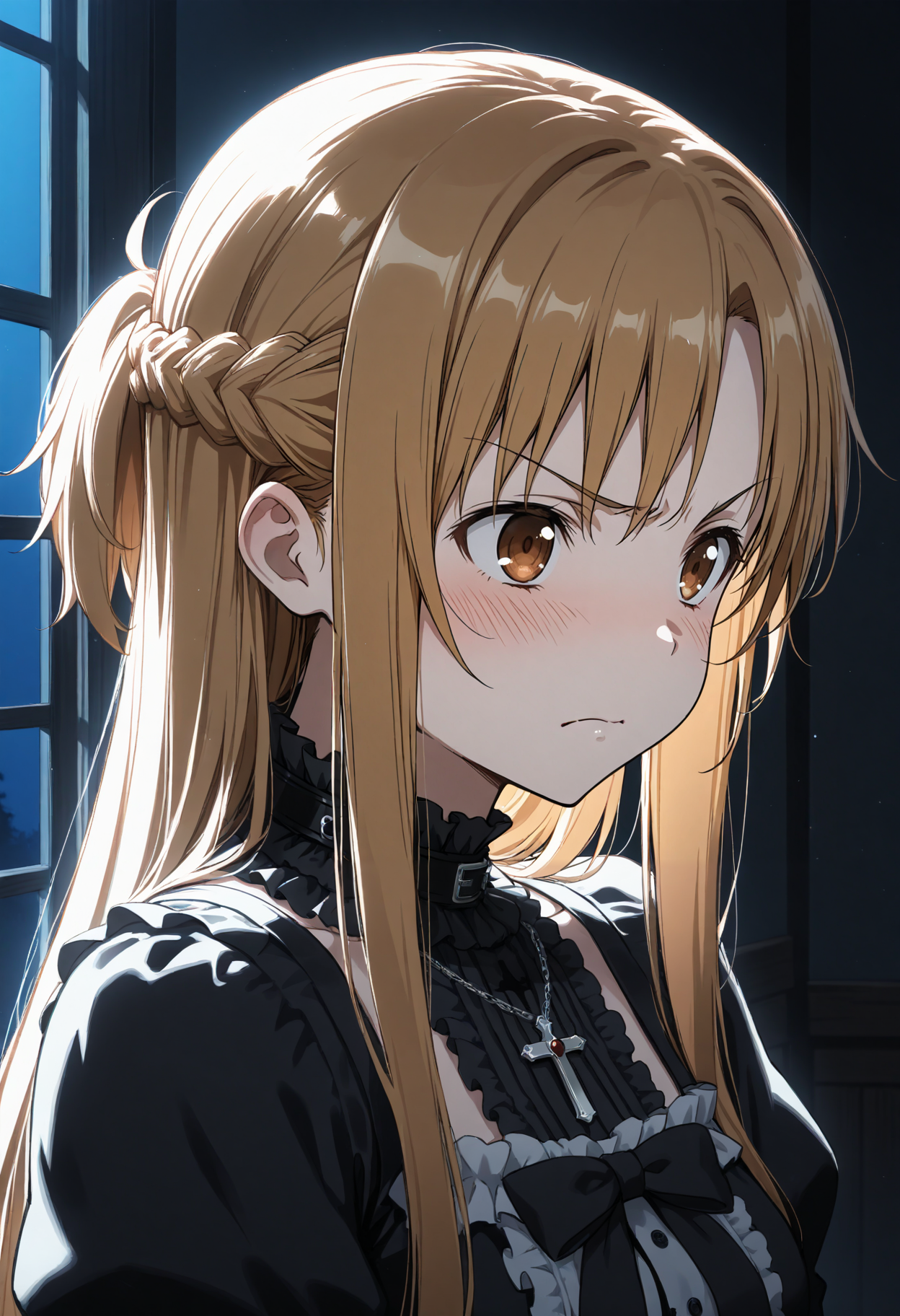 masterpiece, best quality, 1girl, solo, aaasuna, long hair, brown hair, braid, gothic, goth fashion, black dress, frills, puffy sleeves, jewelry, cross necklace, portrait, indoors, looking ahead, brown eyes, dark, shadow, night, blush, disdain, disgust, frown, serious, v-shaped eyebrows, closed mouth