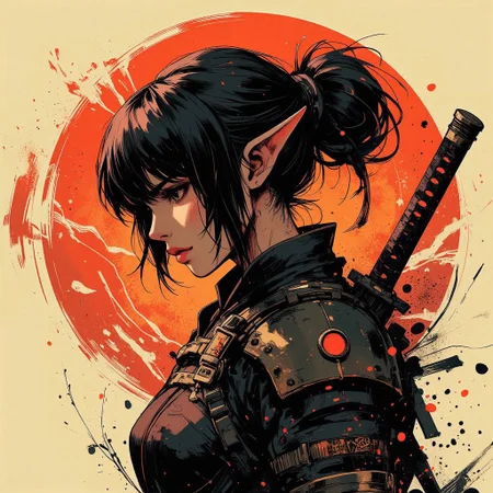 in the style of cksc, nistyle, Mh1$AgThS2, Special Ink-drawing mode, intricate linework with expressive contrasts, Inkplash art on rice paper, sepia, henna , Silhouette Art, magnificent, inksplash image of 1girl, weapon, elf ears, japanese_samurai_armor, sword, armor, samurai, katana, japanese_armor, shinto shrine