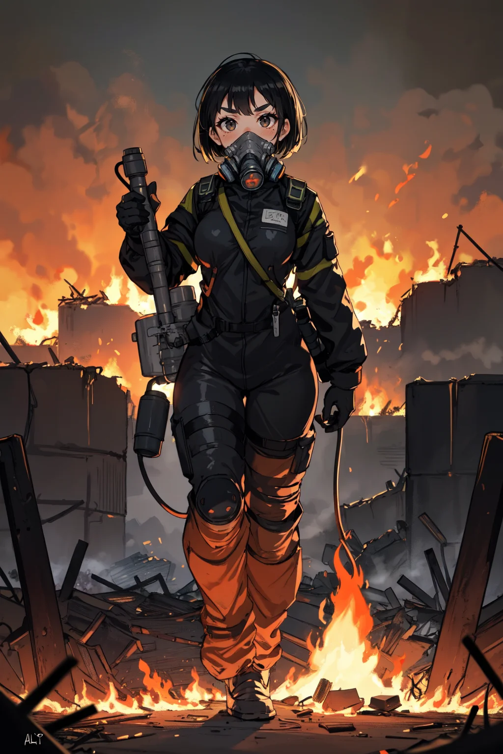 Original Character, Volumetric Lighting, Best Shadows, Shallow Depth of Field, Portrait Of Stunningly Beautiful Girl, Petite, Delicate Beautiful Attractive Face With Alluring Black Eyes, Sharp Eyebrows, Respirator Half Face Cover Gas Mask, Expressionless, Lovely Small Breasts, Layered Short Black Hair, Blush Eyeshadow, Thick Eyelashes, Metallic Texture, Full Body Fire Protection Suit, Flamethrower With Fuel, Flamethrower With Fuel Tank, Looking At Other, Destroyed Rusty Metal Structures, Standing In The Burning Destroyed City, Blazing Flames, Burning Black Smoke Rising Sky, (Highest Quality, Amazing Details:1.25), (Solo:1.3), Brilliant Colorful Paintings