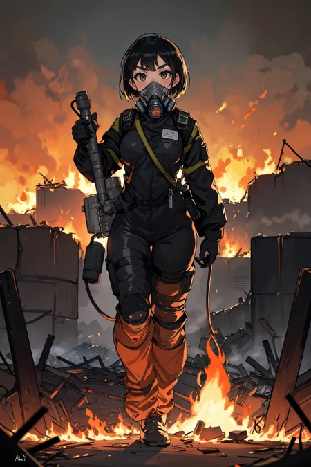 Original Character, Volumetric Lighting, Best Shadows, Shallow Depth of Field, Portrait Of Stunningly Beautiful Girl, Petite, Delicate Beautiful Attractive Face With Alluring Black Eyes, Sharp Eyebrows, Respirator Half Face Cover Gas Mask, Expressionless, Lovely Small Breasts, Layered Short Black Hair, Blush Eyeshadow, Thick Eyelashes, Metallic Texture, Full Body Fire Protection Suit, Flamethrower With Fuel, Flamethrower With Fuel Tank, Looking At Other, Destroyed Rusty Metal Structures, Standing In The Burning Destroyed City, Blazing Flames, Burning Black Smoke Rising Sky, (Highest Quality, Amazing Details:1.25), (Solo:1.3), Brilliant Colorful Paintings