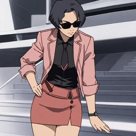 <lora:Haruka_pony_v1:1>HarukaSuit, sunglasses,  black necktie, 1girl, pink pencil skirt, jewelry, earrings, short hair, jacket, black hair,  cowboy shot