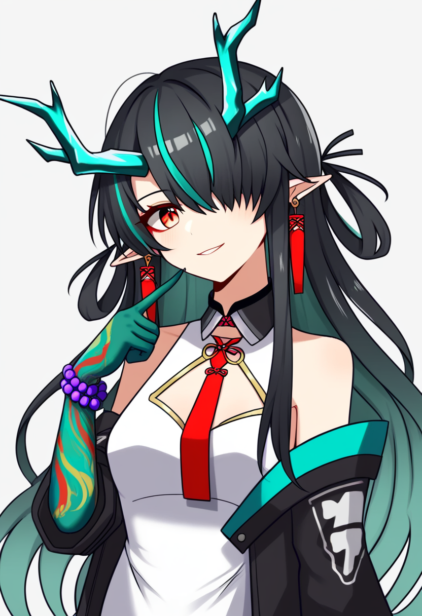 score_9,score_8_up,score_7_up,<lora:arknights_all_v4:1>,1girl, arm_tattoo, bad_id, bad_twitter_id, bead_bracelet, black_collar, black_hair, black_jacket, china_dress, cleavage_cutout, dragon_horns, dusk_\(arknights\), ear_piercing, finger_to_eye, green_hair, green_skin, grey_background, hair_over_one_eye, highres, long_hair, looking_at_viewer, off_shoulder, pointy_ears, red_eyes, red_necktie, sidelocks, simple_background, sleeveless_dress, small_breasts, smile, solo, streaked_hair, symbol-only_commentary, upper_body, white_dress