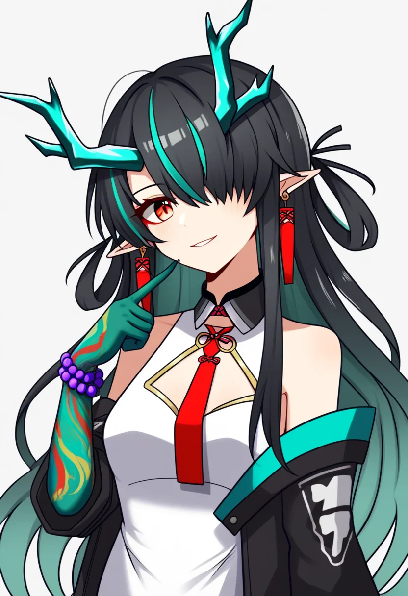score_9,score_8_up,score_7_up,<lora:arknights_all_v4:1>,1girl, arm_tattoo, bad_id, bad_twitter_id, bead_bracelet, black_collar, black_hair, black_jacket, china_dress, cleavage_cutout, dragon_horns, dusk_\(arknights\), ear_piercing, finger_to_eye, green_hair, green_skin, grey_background, hair_over_one_eye, highres, long_hair, looking_at_viewer, off_shoulder, pointy_ears, red_eyes, red_necktie, sidelocks, simple_background, sleeveless_dress, small_breasts, smile, solo, streaked_hair, symbol-only_commentary, upper_body, white_dress