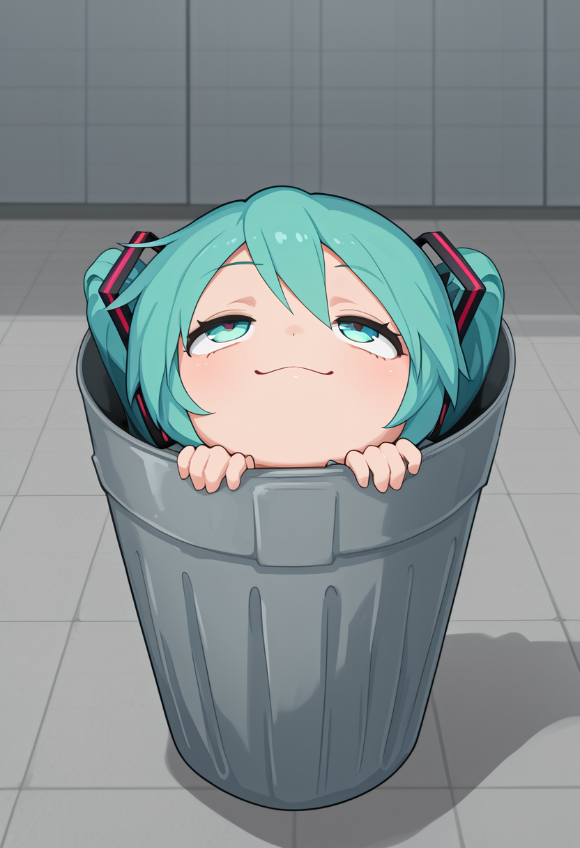 (masterpiece, high quality, amazing detail), highres, in trash can, 1girl, chibi, hatsune miku, looking up, smug, <lora:In_trash_can:1>