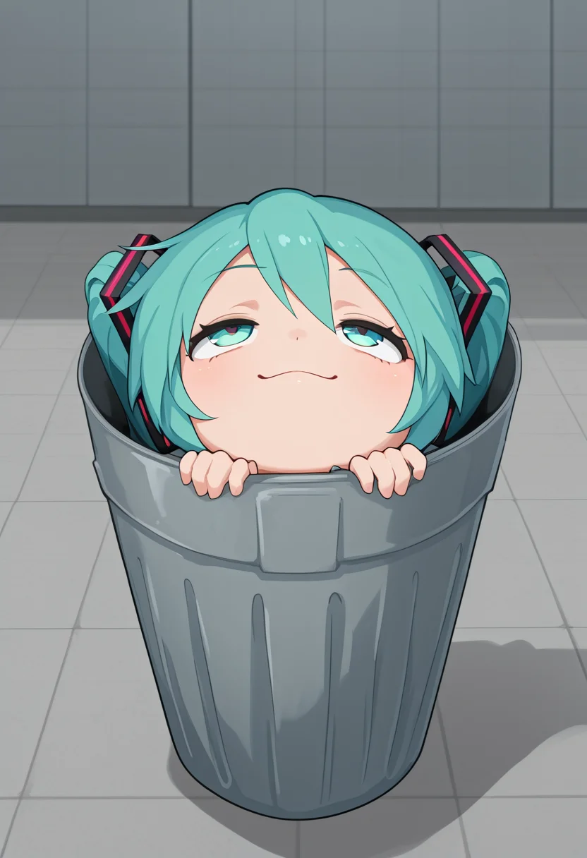 (masterpiece, high quality, amazing detail), highres, in trash can, 1girl, chibi, hatsune miku, looking up, smug, <lora:In_trash_can:1>