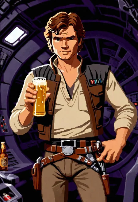 lucasarts style, a drunk Han solo is holding a glowing bottle of beer in a millennium falcon <lora:lucasarts style:1>