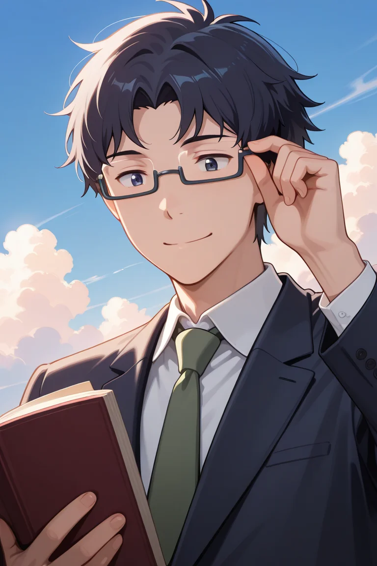 masterpiece, absurdres, newest, perfect quality, best quality, absolutely eye-catching, amazing quality, very aesthetic, high resolution, ultra-detailed, 1boy, male focus, solo, joe_kido_tri, dark blue hair, dark blue eyes, glasses, under-rim eyewear, suit, collared shirt, green necktie, (holding book:1.4), holding, book, reading, adjusting eyewear, smile, closed mouth, blue sky, clouds, detailed background, volumetric lighting, vibrant colors, close-up