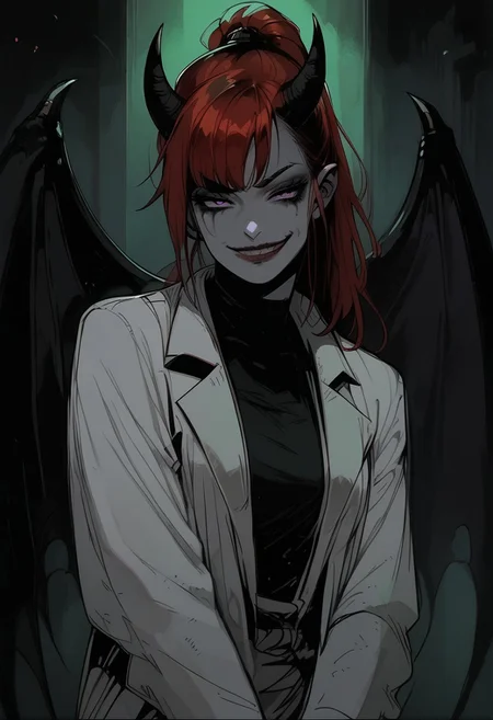 score_9, score_8_up, score_7_up, BREAK, 1woman portrait, beautiful, dramatic lights ((Succubus, Demon Girl, Succub, horns, seductive, seductive look, goth, goth girl, lab coat, coat, white coat, goth makeup, muscular, athletic, muscular woman, athletic woman, pink eyes, wings, bat wings grey skin, grey colored skin, red hair, long ponytail, ponytail, high taied ponytail, bangs, side bangs, happy, smug))