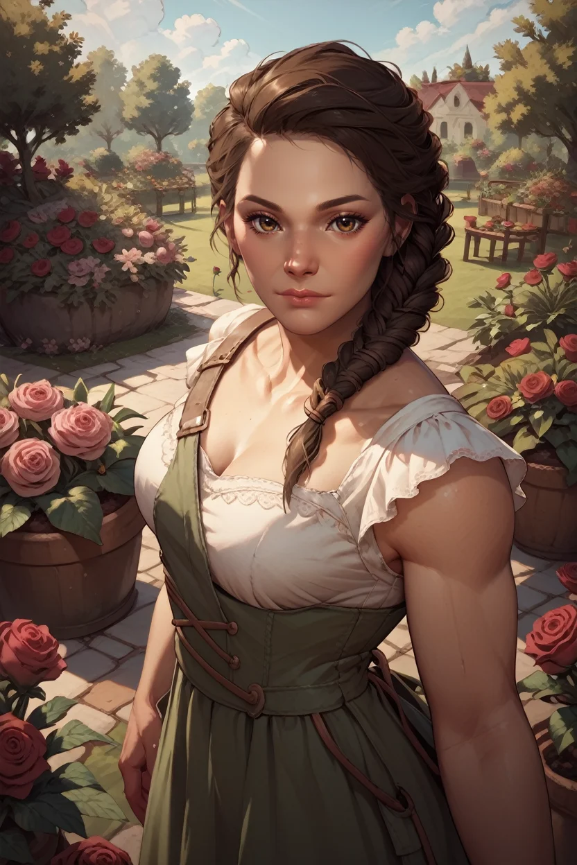 score_9, score_8_up, score_7_up, score_6_up
<lora:ACKassandra:0.9>
ACKassandra, 1girl, brown hair, brown eyes, braid, hair over shoulder, looking at viewer, rose garden, gardening, floral background