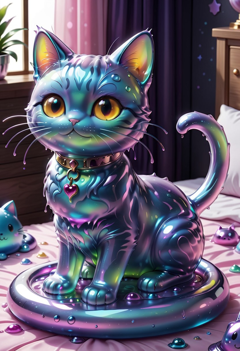 made of l1qu1dp34rl, metal, pearlescent, slime morph, mimic, cat animal, cat made out of slime, cat made out of pearlescent slime, cute kitten, sitting on a bed, metallic slime, pearlescent slime, translucent slime,