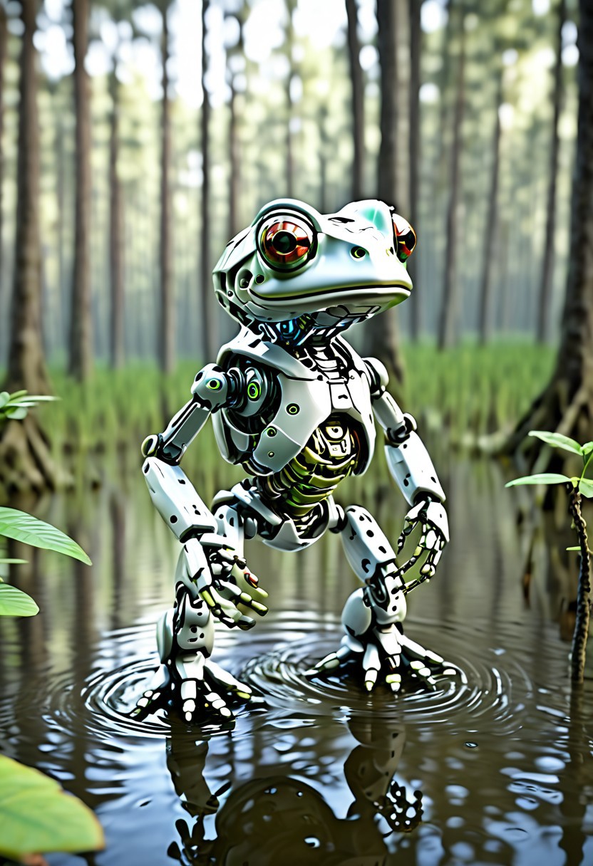 Robot frog , Jed-Rbmls, masterpiece, intricate details, forest, swamp, focus blur, hd, 8k, high definition, BREAK, score_9, score_8_up, score_7_up, score_6_up,