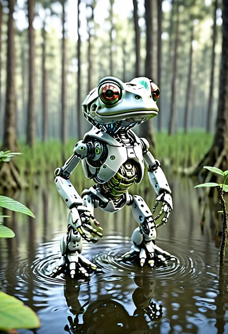 Robot frog , Jed-Rbmls, masterpiece, intricate details, forest, swamp, focus blur, hd, 8k, high definition, BREAK, score_9, score_8_up, score_7_up, score_6_up,