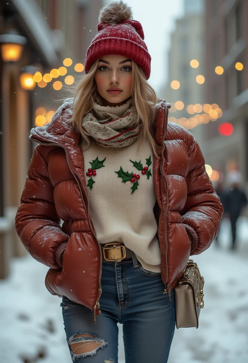 A beautiful christmas snowmen with Christmas heat is wearing a stylish puffy winter jacket paired and a turtleneck sweater adorned with embroidered holly leaves and berries. The look is accessorized with a frilly scarf, a gold-accented belt, and metallic boots for a festive yet urban vibe. She poses out doors during a snowstorm. falling snow, christmas lights, rosy cheeks. pretty eyes