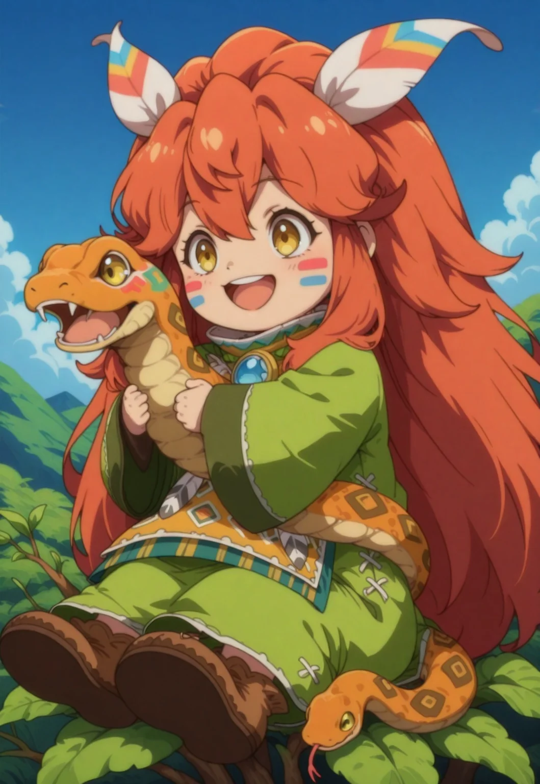 anime screencap, anime coloring,anime,newest, masterpiece, best quality, 4k,, solo, chibi, popoi, face paint, hug snake, snake animal, stay on flower, blue sky,
feather hair ornament,green robe, brown footwear, open mouth, smile,