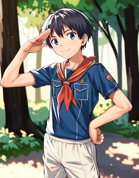 score_8, score_8_up, score_7_up, score_6_up, source_anime, sketch, outdoors, forest, sunlight, 1boy, young, solo, scout uniform, blue shirt, khaki shorts, neckerchief, smile, posing, salute <lora:nayoshi-amxl-v4c-ShoAI:0.9> <lora:boys_factoryXL_AMXL_v3b:0.5>