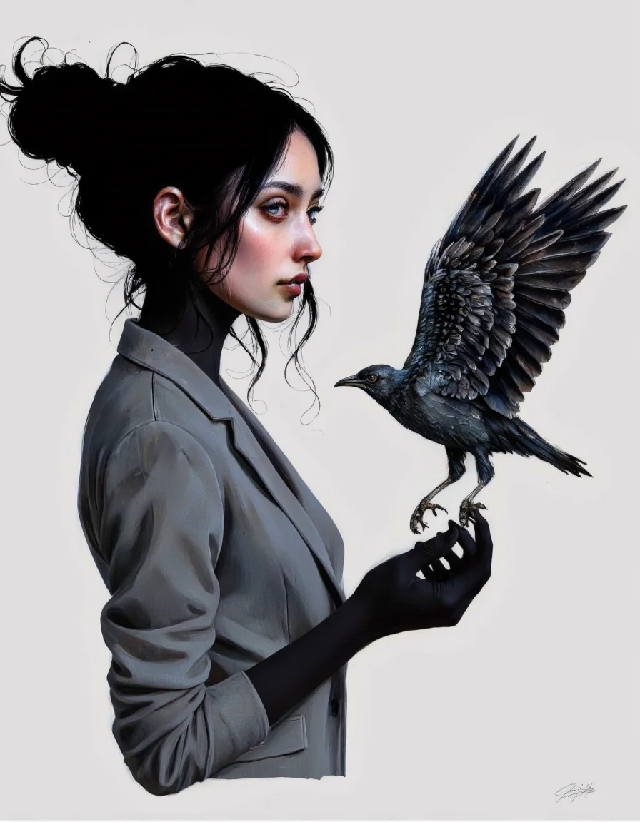 By Laura H. Rubin. A digital illustration shoot from a profile camera angle about a woman with striking features and a small bird in her hand, set against a plain light grey background. the image also shows a stylized silhouette of a woman in the middle of the image, with her upper body facing the viewer and her blue eyes looking directly at the viewer. the woman has long, wavy black hair tied in a single hair bun on the left side of her face, and her slim body is positioned in a way that accentuates her face. she is wearing black gloves and has a serious expression. on the right side of the woman's hand, a small, black bird is perched, with its wings spread wide, as if it is about to take flight. the bird's feathers are detailed and realistic, with sharp edges and a glossy finish, adding to the stylized appearance of the artwork. the overall effect is one of striking contrast between the woman and the bird, making the image visually striking and captivating. <lora:Laura_H._Rubin_II:0.8>