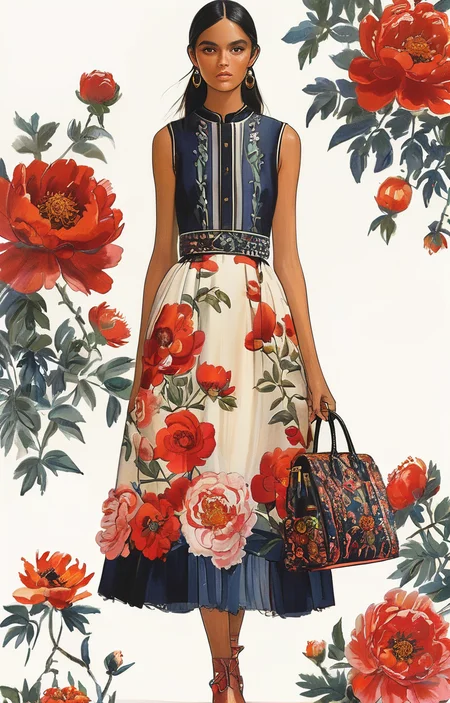 masterpiece,best quality,<lora:tbh317-sdxl:0.9>,illustration,style of Tory Burch decaying peonies