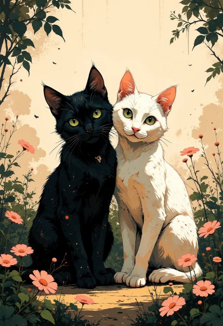 A beautifully balanced and serene composition featuring two cats sitting side by side. One is a sleek black cat with piercing green eyes, and the other is a pure white cat with gentle green eyes, both gazing directly at the viewer. The background is adorned with soft pink flowers and lush green leaves, creating a harmonious and natural setting. The lighting is warm and diffused, emphasizing the soft texture of the cats' fur and the delicate petals of the flowers. The scene captures a tranquil moment of coexistence between nature and animals, blending realism with a subtle artistic touch.