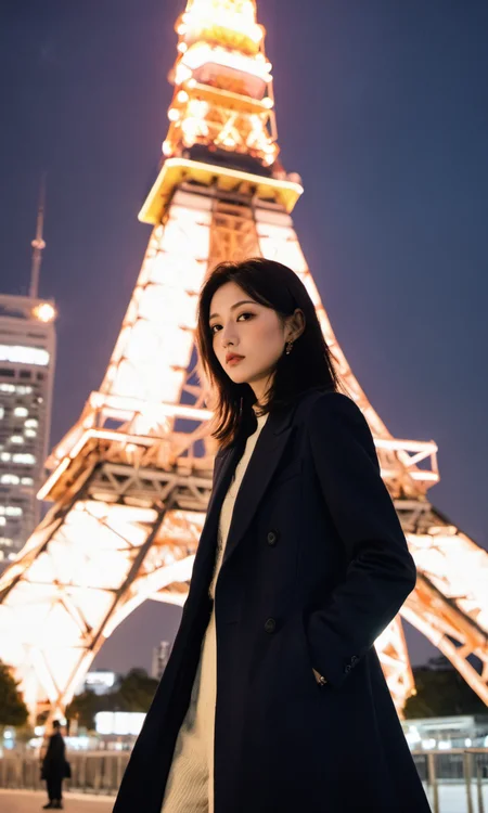xxmix, 1 beautiful woman, long coat tokyo tower, (Sui Ishida), dramatic lighting (masterpiece, best quality)