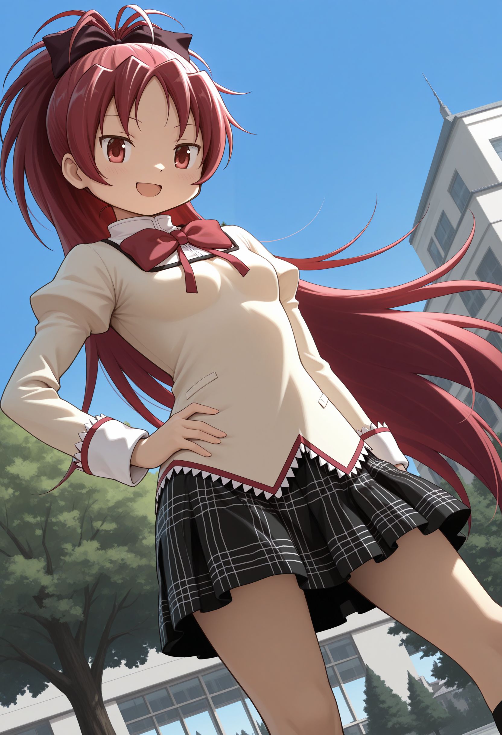 masterpiece, best quality, dutch angle, solo, looking at viewer, smile, :d, hand on own hip, pose, tree, building, blue sky, tree, 
 <lora:Sakura Kyoko illu v2:1> 1girl, red eyes, small breasts,ponytail, long hair, very long hair, hair bow, bow, red hair, hair ribbon, , mitakihara school uniform, skirt, plaid skirt, kneehighs, black socks
