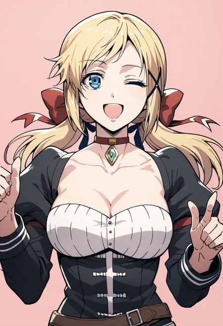 score_9, score_8_up, score_7_up, source_anime, 1girl, YUNA YUNIS, YUNA YUNIS REGULAR WEAR,
1girl, solo, long hair, breasts, looking at viewer, smile, open mouth, blue eyes, blonde hair, simple background, hair ornament, ribbon, cleavage, medium breasts, hair ribbon, upper body, one eye closed, choker, pink background, pointing