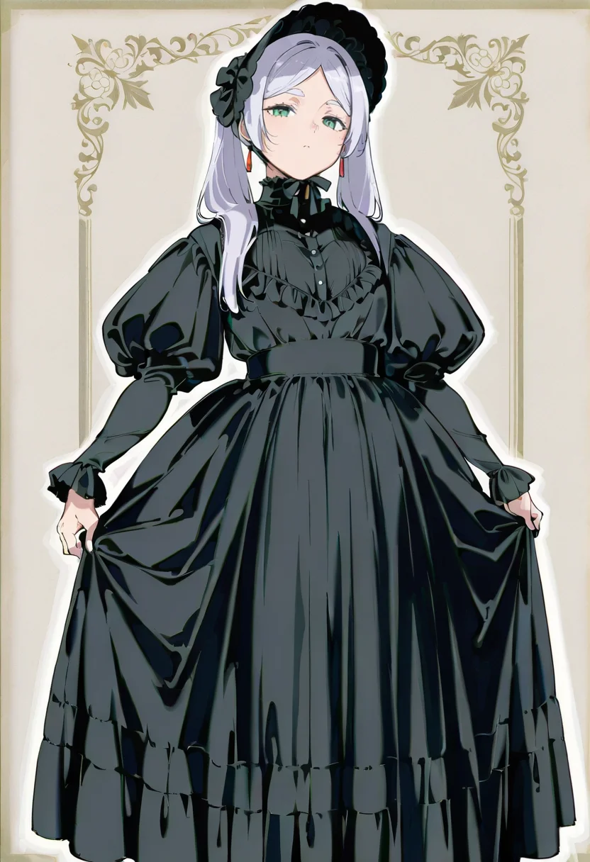 1girl,solo, alp, black dress, long sleeves, standing, puffy sleeves, frills, juliet sleeves, bonnet, frieren,