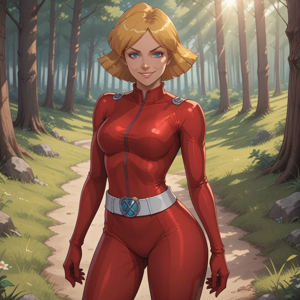 score_9, score_8, BREAK, solo, Clover_(Totally_Spies), blonde hair, short hair, blue eyes, red gloves, red latex bodysuit, belt, skin tight, high heels, sexy pose, self portrait, smile, looking at viewer, outdoors, sunlight, shadows, evening lighting, natural lighting, forest, trees, grass, orange sky, sunset