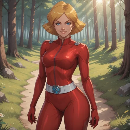 score_9, score_8, BREAK, solo, Clover_(Totally_Spies), blonde hair, short hair, blue eyes, red gloves, red latex bodysuit, belt, skin tight, high heels, sexy pose, self portrait, smile, looking at viewer, outdoors, sunlight, shadows, evening lighting, natural lighting, forest, trees, grass, orange sky, sunset
